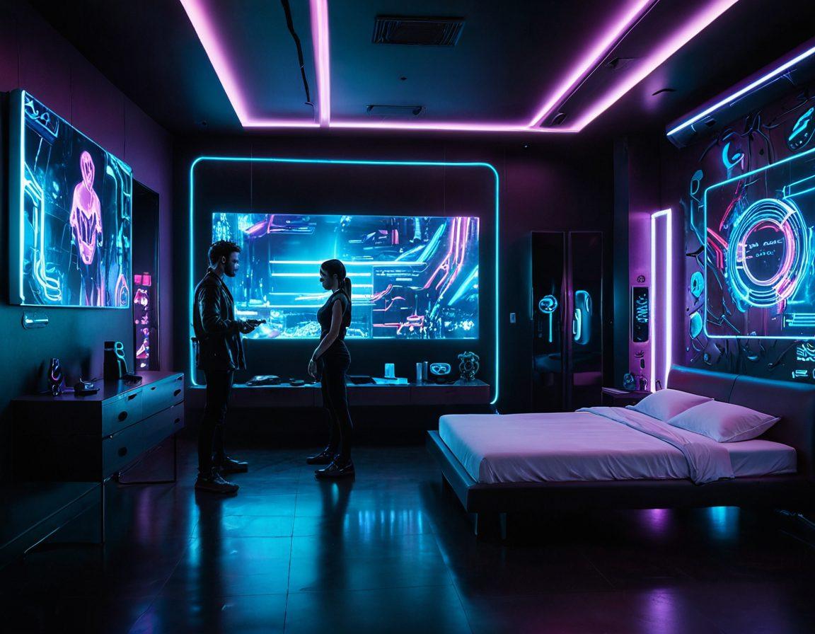A futuristic room filled with high-tech gadgets related to sexual wellness, featuring holographic displays showcasing various products and information, a couple exploring the technology together, vibrant colors illuminating the scene, signifying empowerment and connection. cyberpunk. super-realistic. vibrant colors.