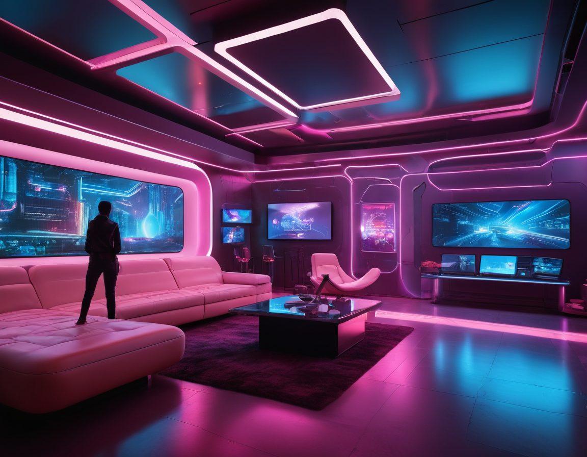 A futuristic lounge setting with holographic screens displaying adult entertainment tools and technologies, featuring a sleek digital interface and immersive VR experiences. Include a diverse group of people engaged with these innovations, showcasing a blend of curiosity and excitement. The ambiance should be modern and inviting, with neon accents and soft lighting. 3D. cyberpunk. vibrant colors.