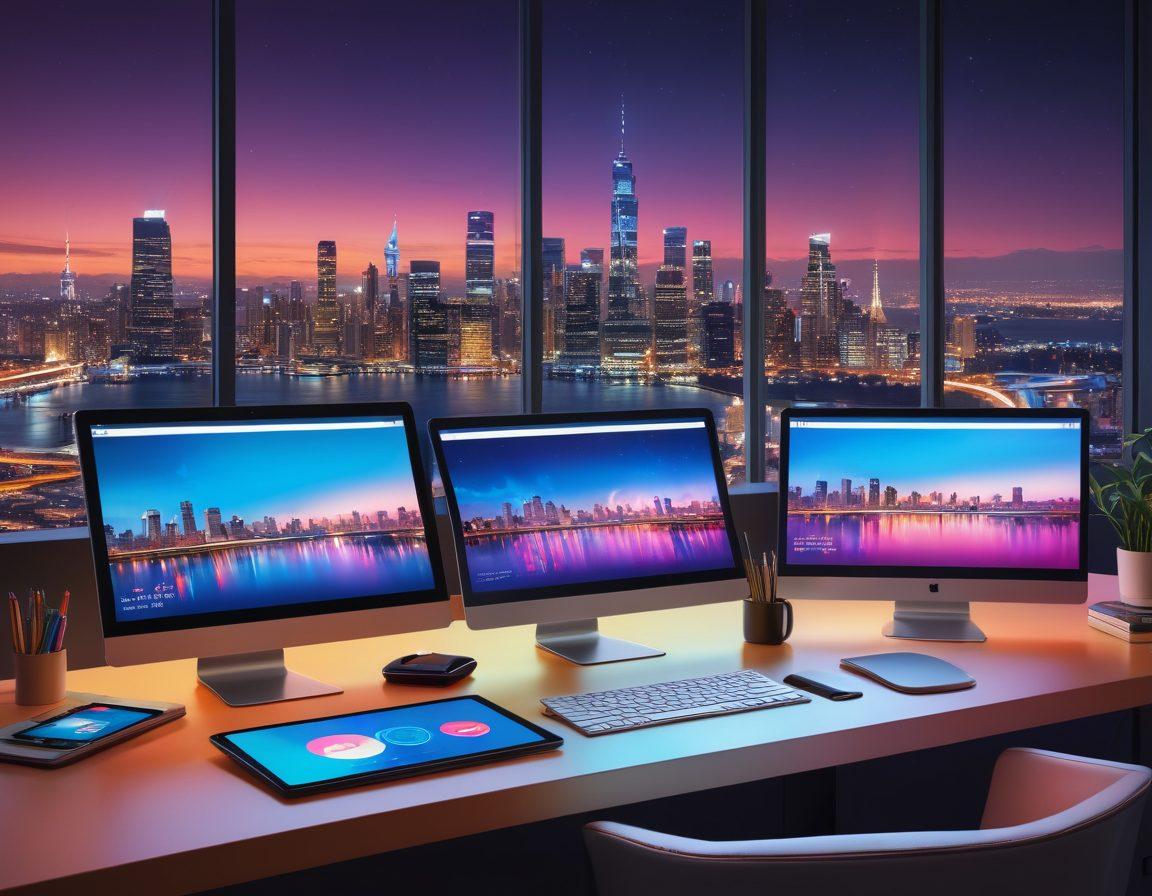 A modern digital workspace showcasing innovative tools for online content creation, featuring a colorful array of devices like tablets and laptops, creative software interfaces on screens, and vibrant icons representing adult content safely and tastefully. The background should depict a city skyline at night, symbolizing the digital landscape, with a soft glow from screens. super-realistic. vibrant colors. 3D.